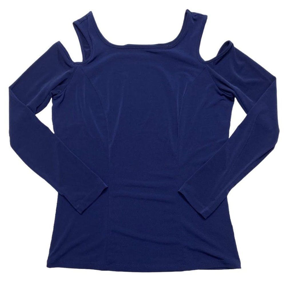 Simonton Says Blue Top Cold Shoulder Stretch Knit‎ Sz XS